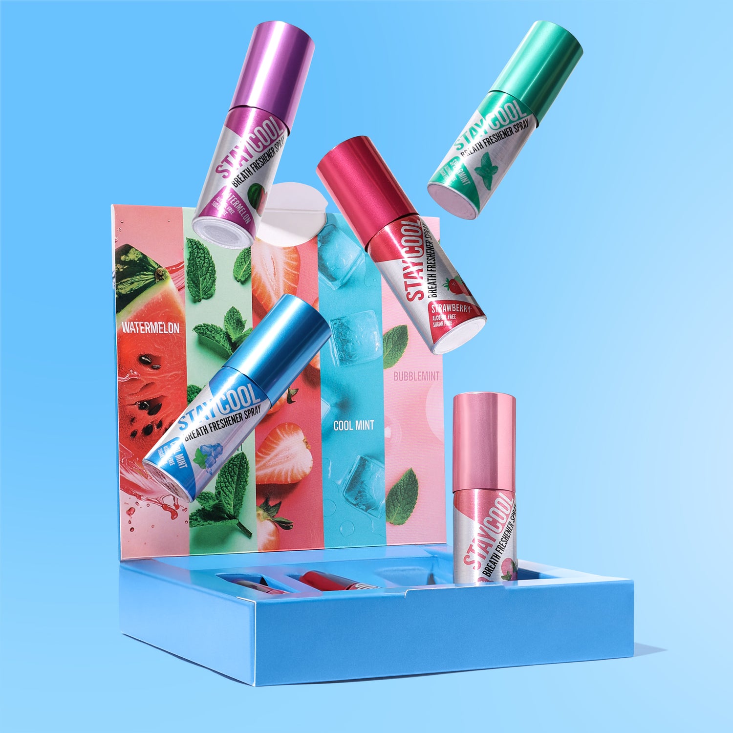 Stay cool breath freshener sprays in various flavors with packaging on a blue background