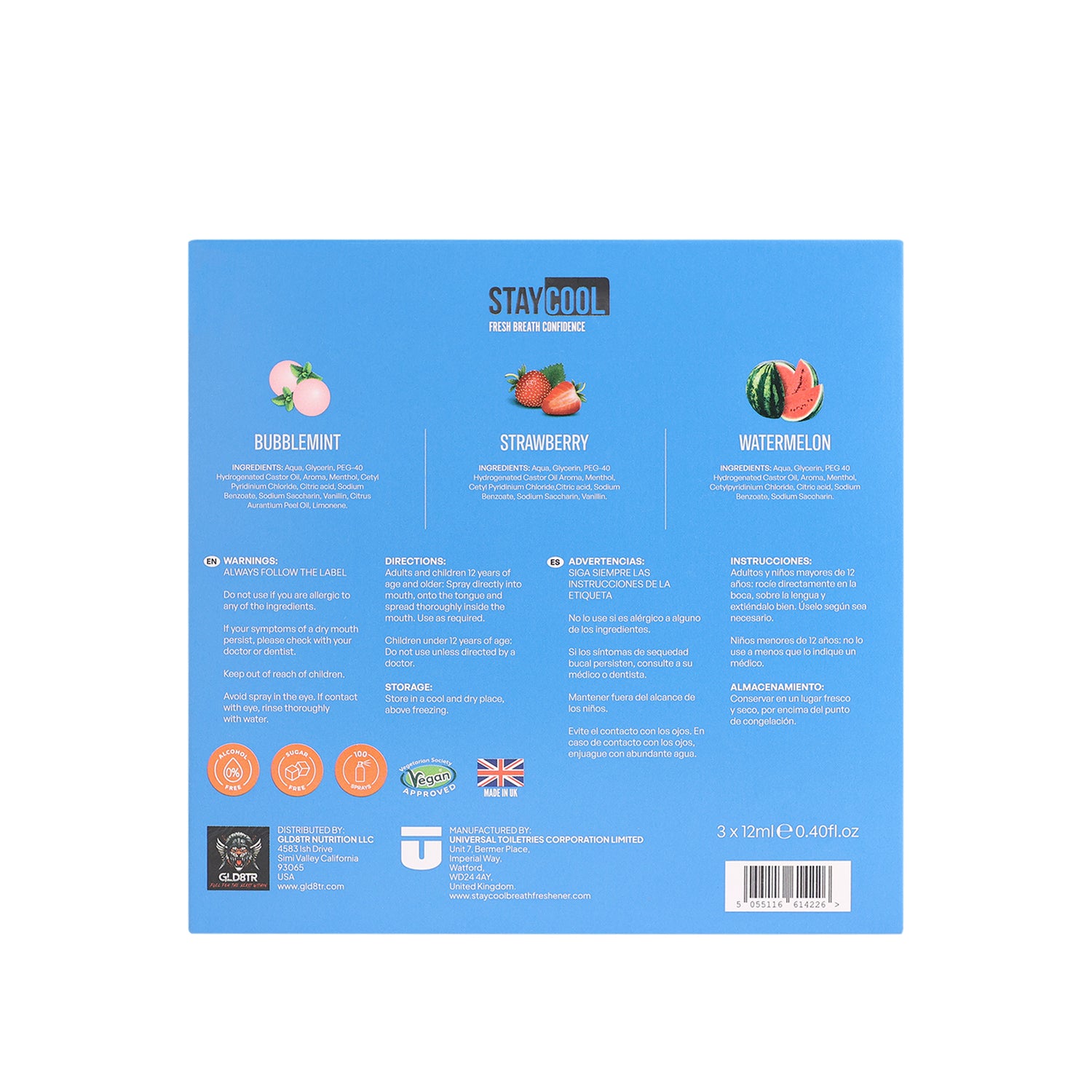 Back of a product packaging with 'Stay Cool' branding and flavor options on a blue background.