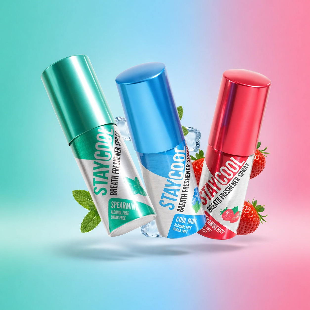 Three breath freshener sprays on a gradient background