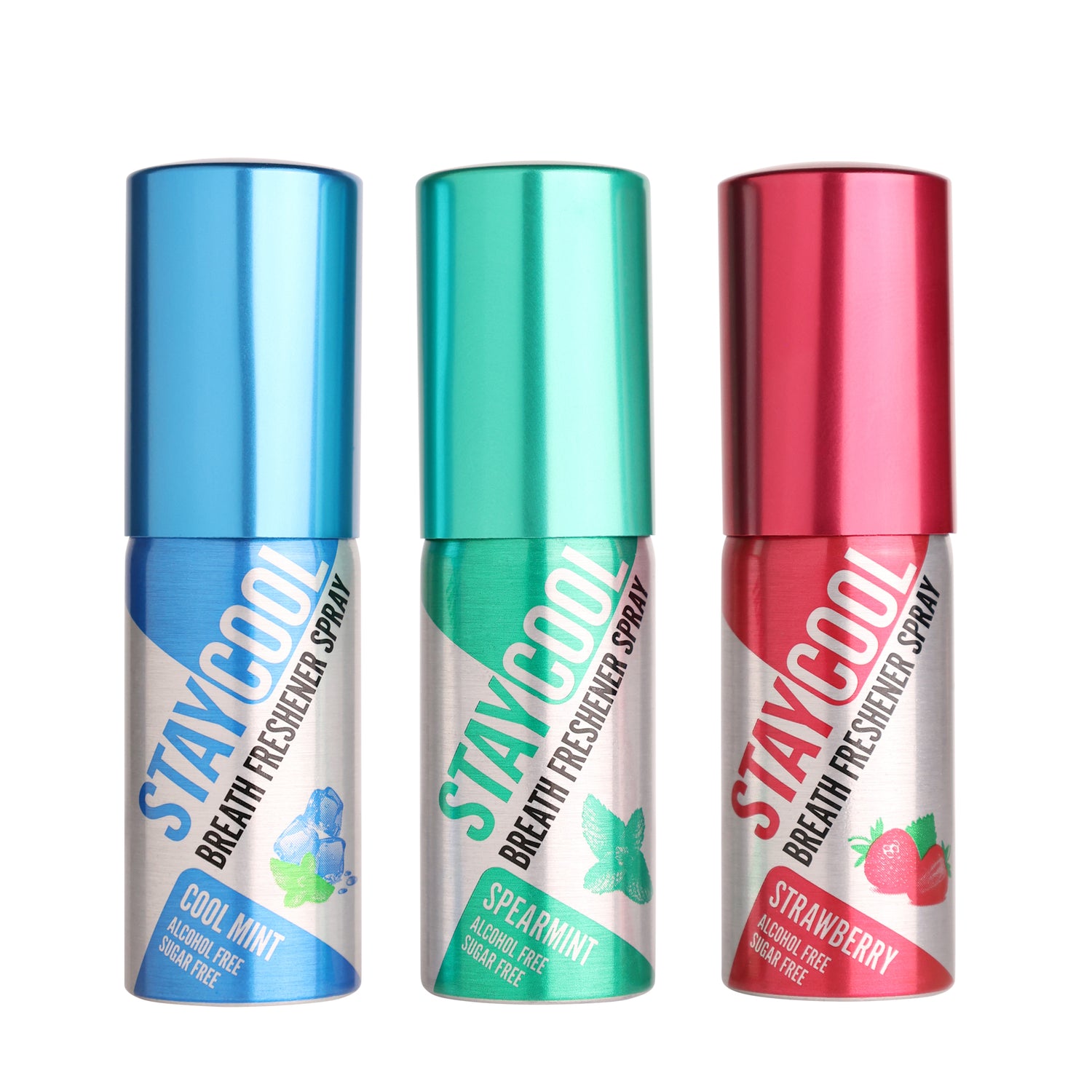 Three Stay Cool breath freshener spray bottles in different flavors on a white background
