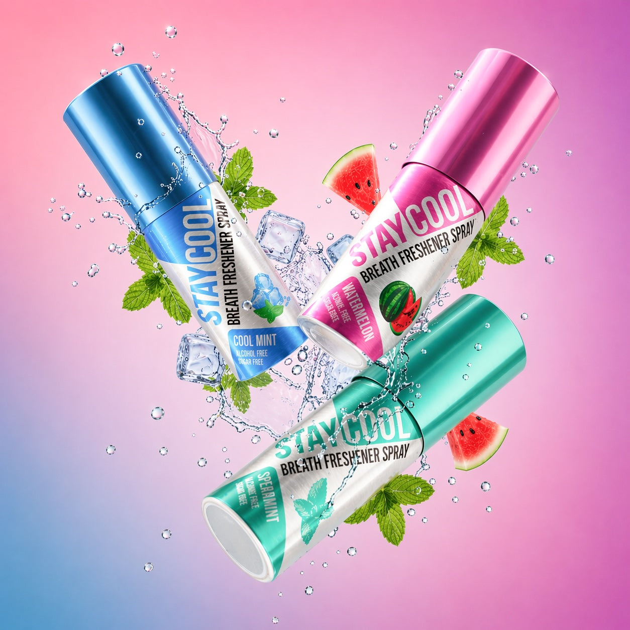 Three bottles of Stay Cool breath freshener sprays with watermelon slices and mint leaves on a purple pastel background