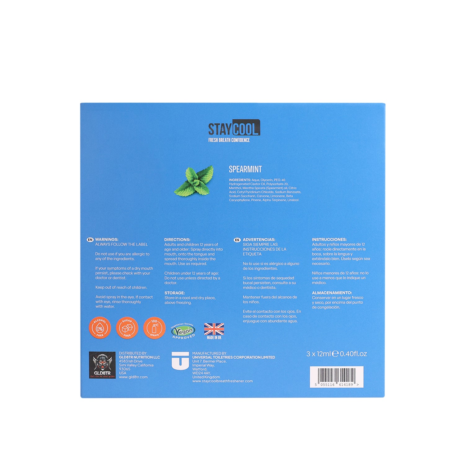 Back of a blue packaging with spearmint flavor information on a white background