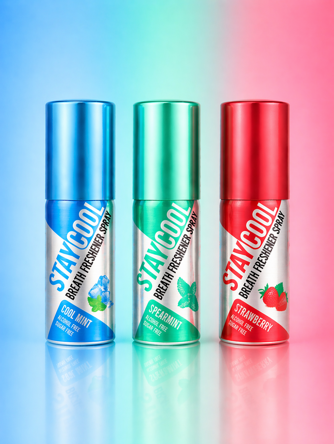 Three 'Stay Cool' breath freshener spray cans in different flavors on a gradient background.