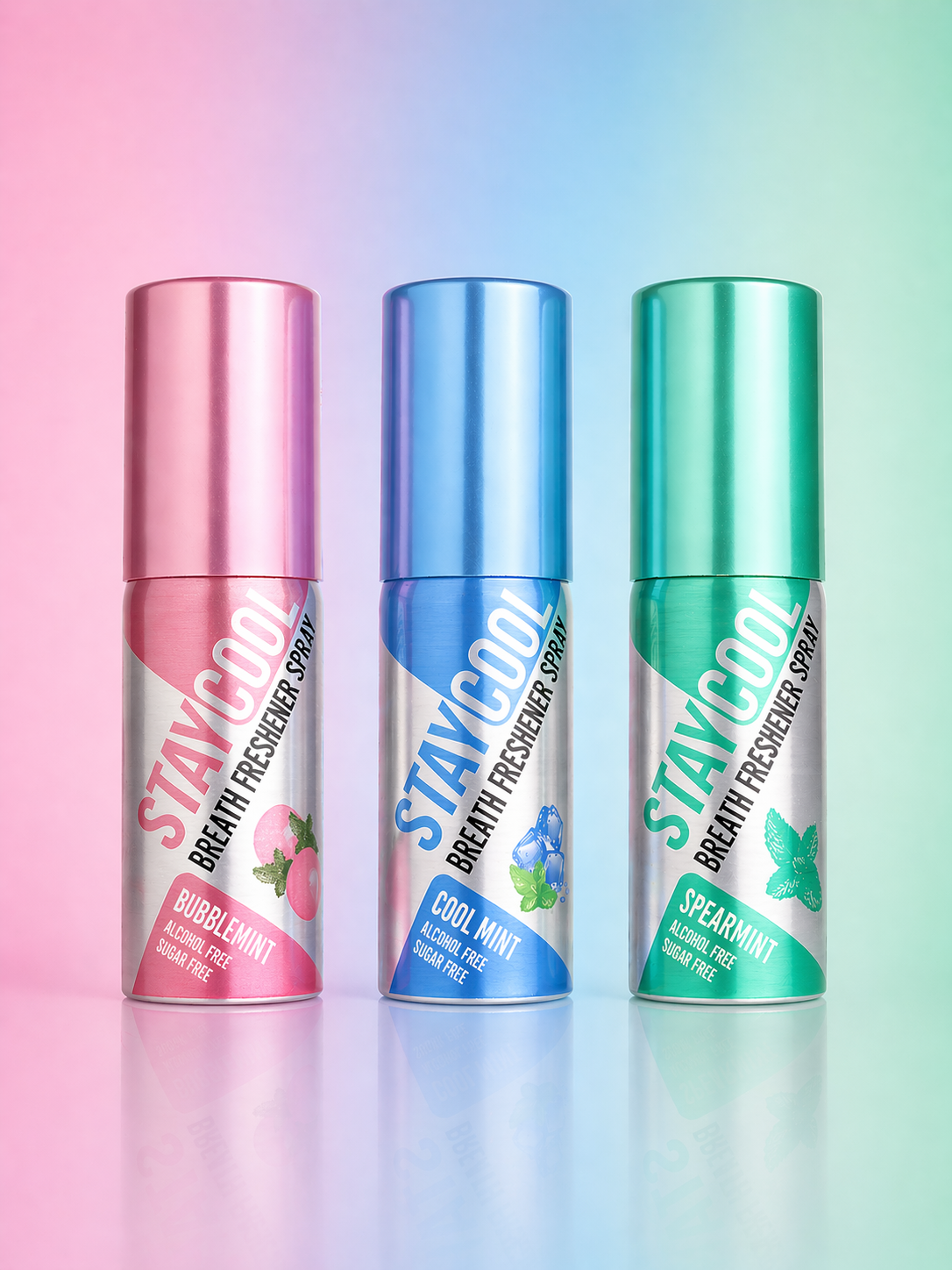 Three breath freshener sprays with colorful labels on a gradient background