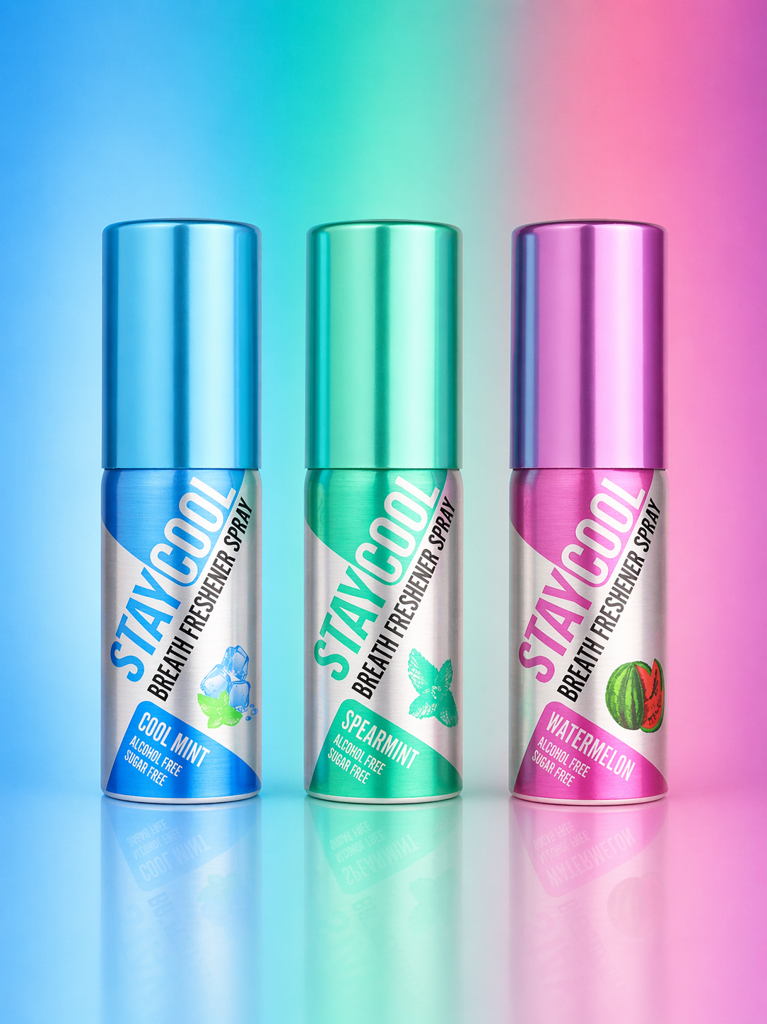 Three breath freshener sprays with different flavors on a gradient background