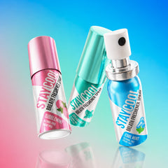 Three 'Stay Cool' breath freshener sprays on a gradient blue background