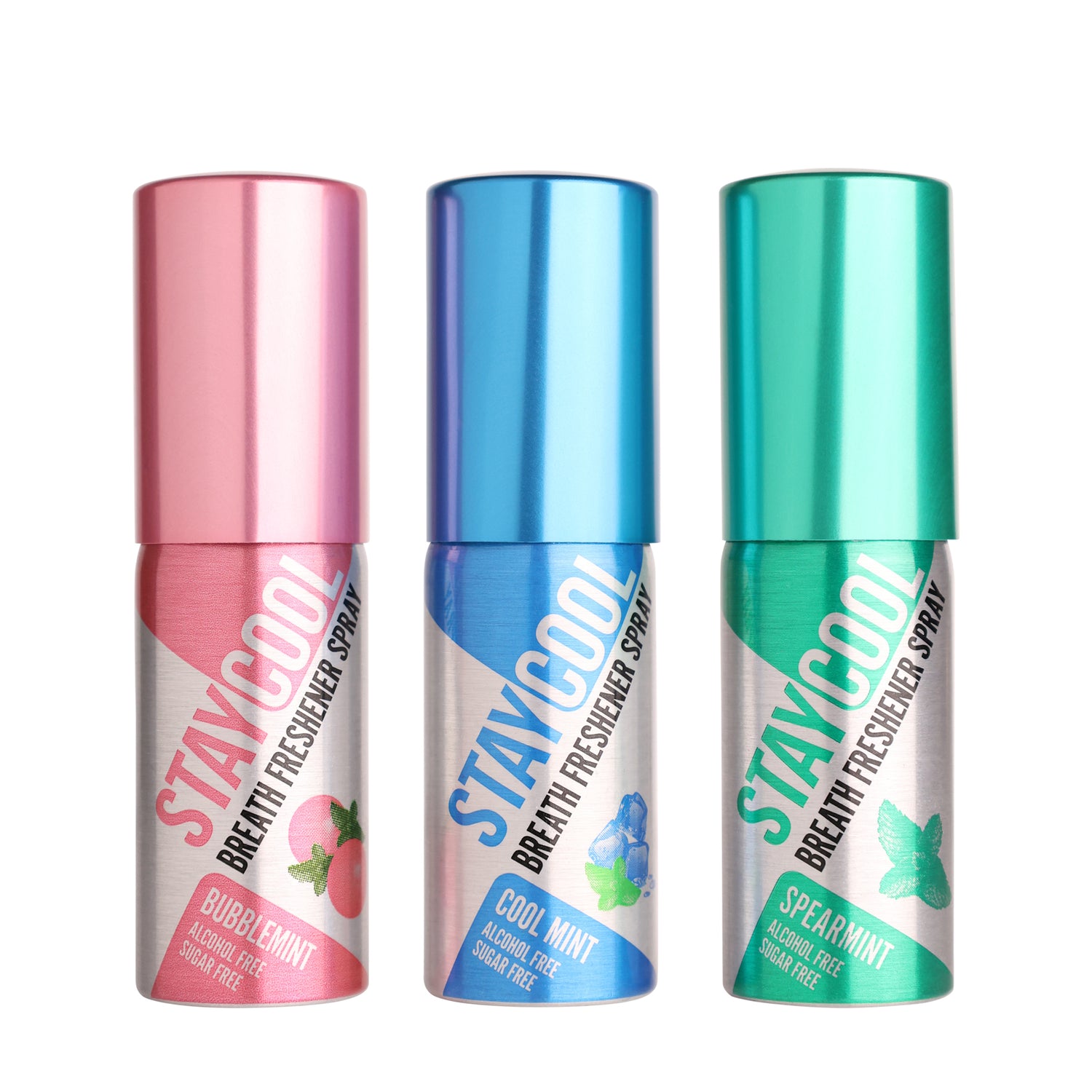 Three STAYCOOL breath freshener spray bottles in different flavors on a white background