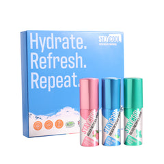 Three bottles of 'Stay Cool' breath freshening sprays with packaging on a white background