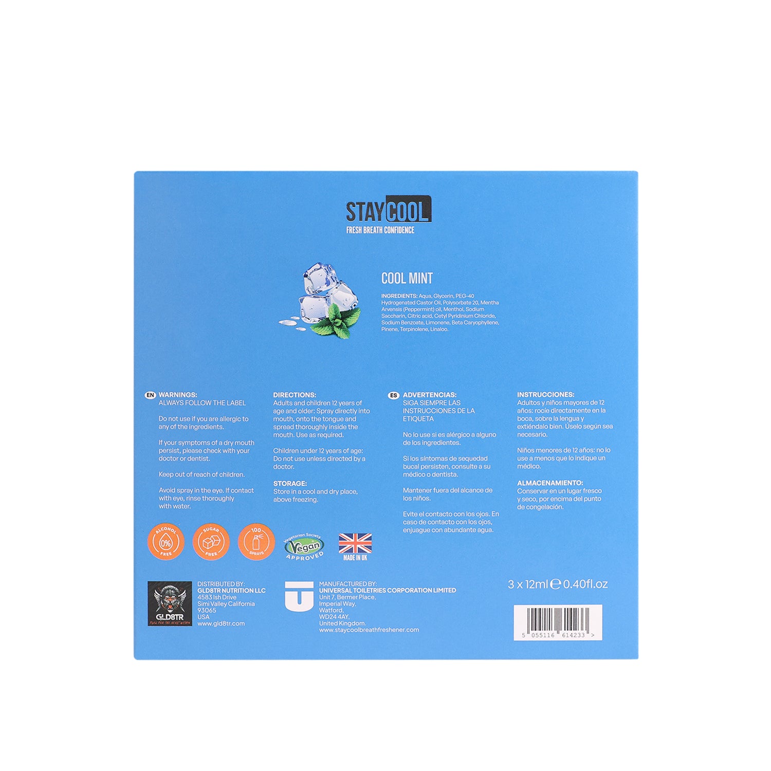 Back of a blue packaging with Cool Mint  information, text, and graphics on a white background