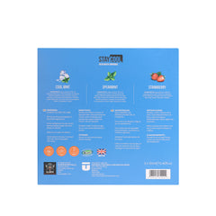 Back of a product packaging with 'Stay Cool' branding and flavor options on a blue background.