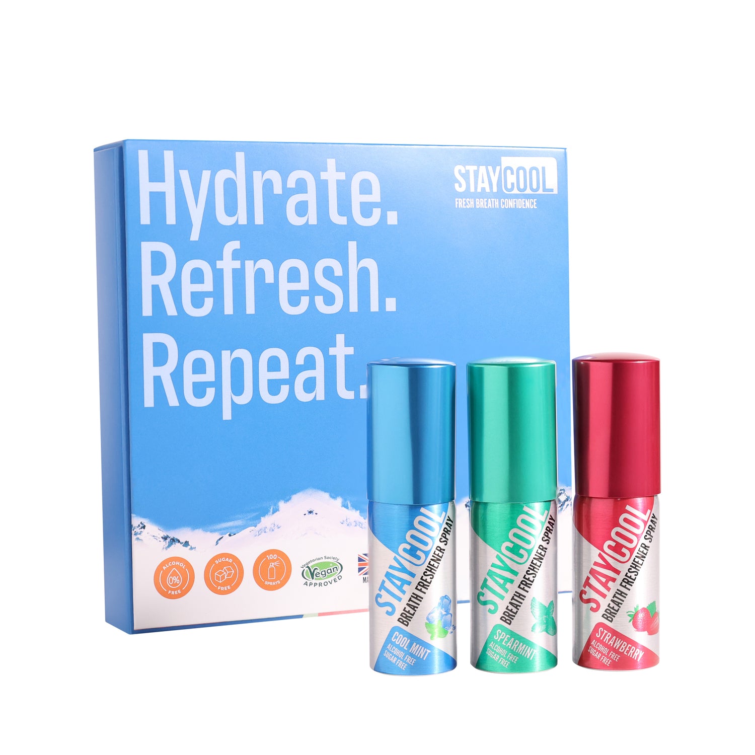 Stay Cool breath freshener spray with packaging on a white background