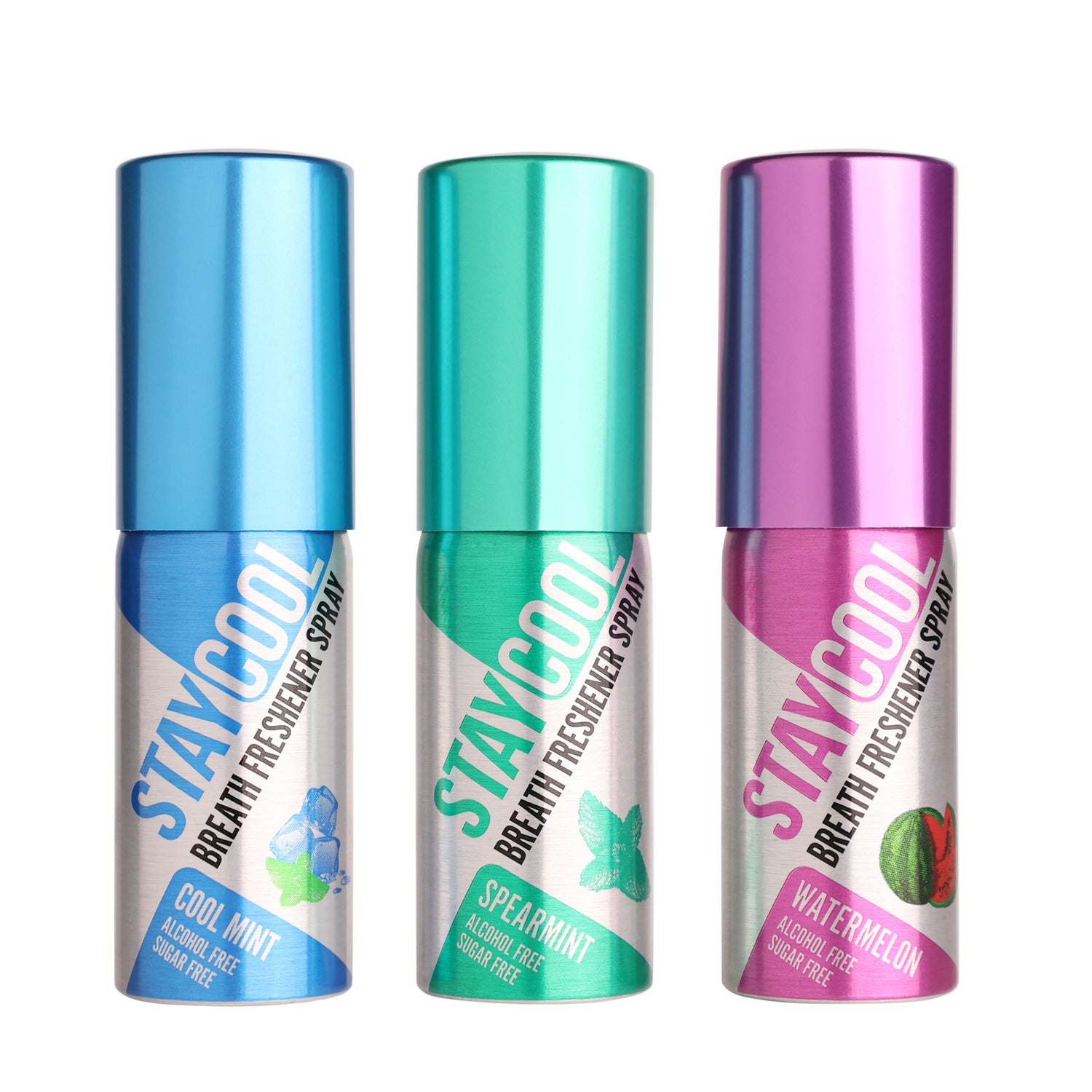 Three Stay Cool breath freshener spray bottles in different flavors on a white background