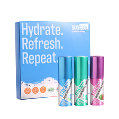 Three Stay Cool breath freshener spray bottles with a blue packaging box on a white background