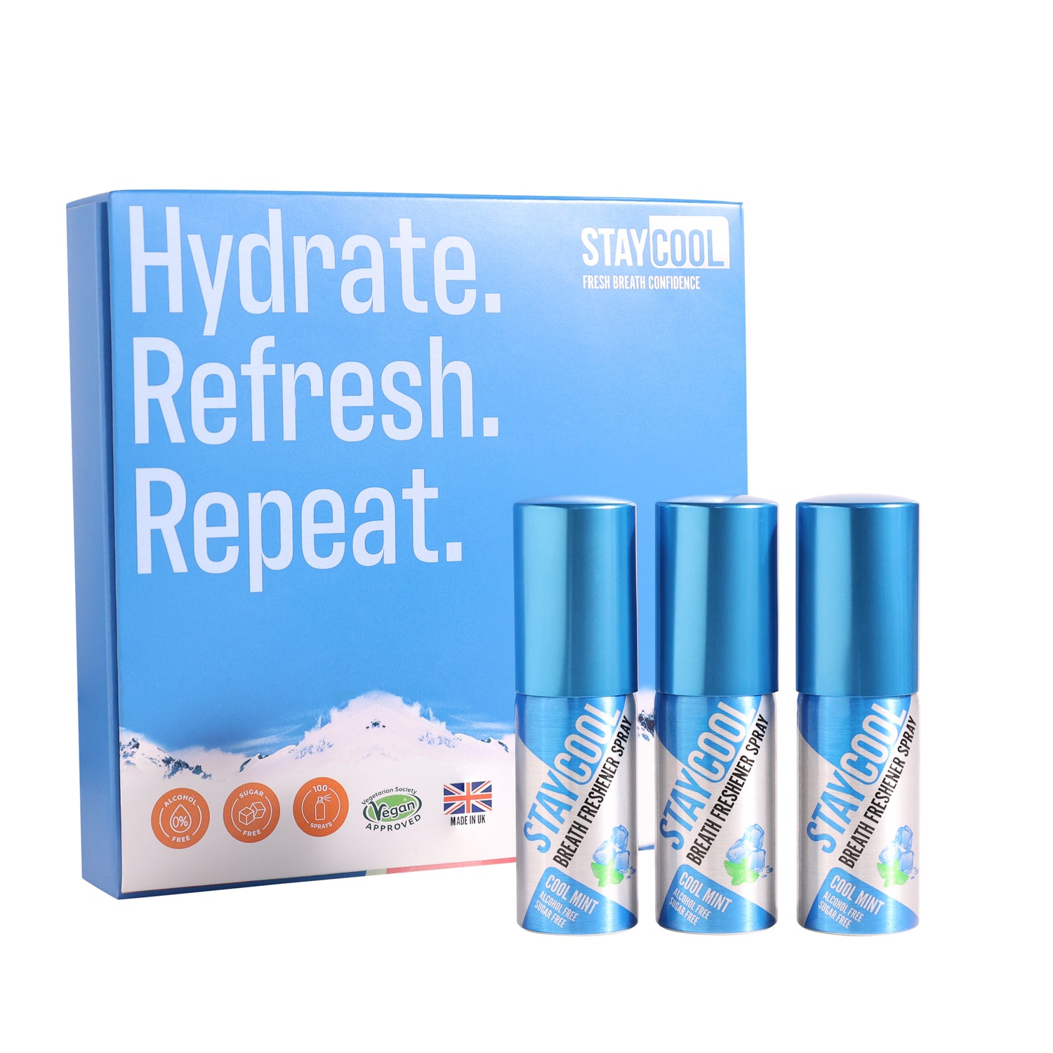 Stay Cool spray bottles with packaging displaying 'Hydrate. Refresh. Repeat.' text on a white background.