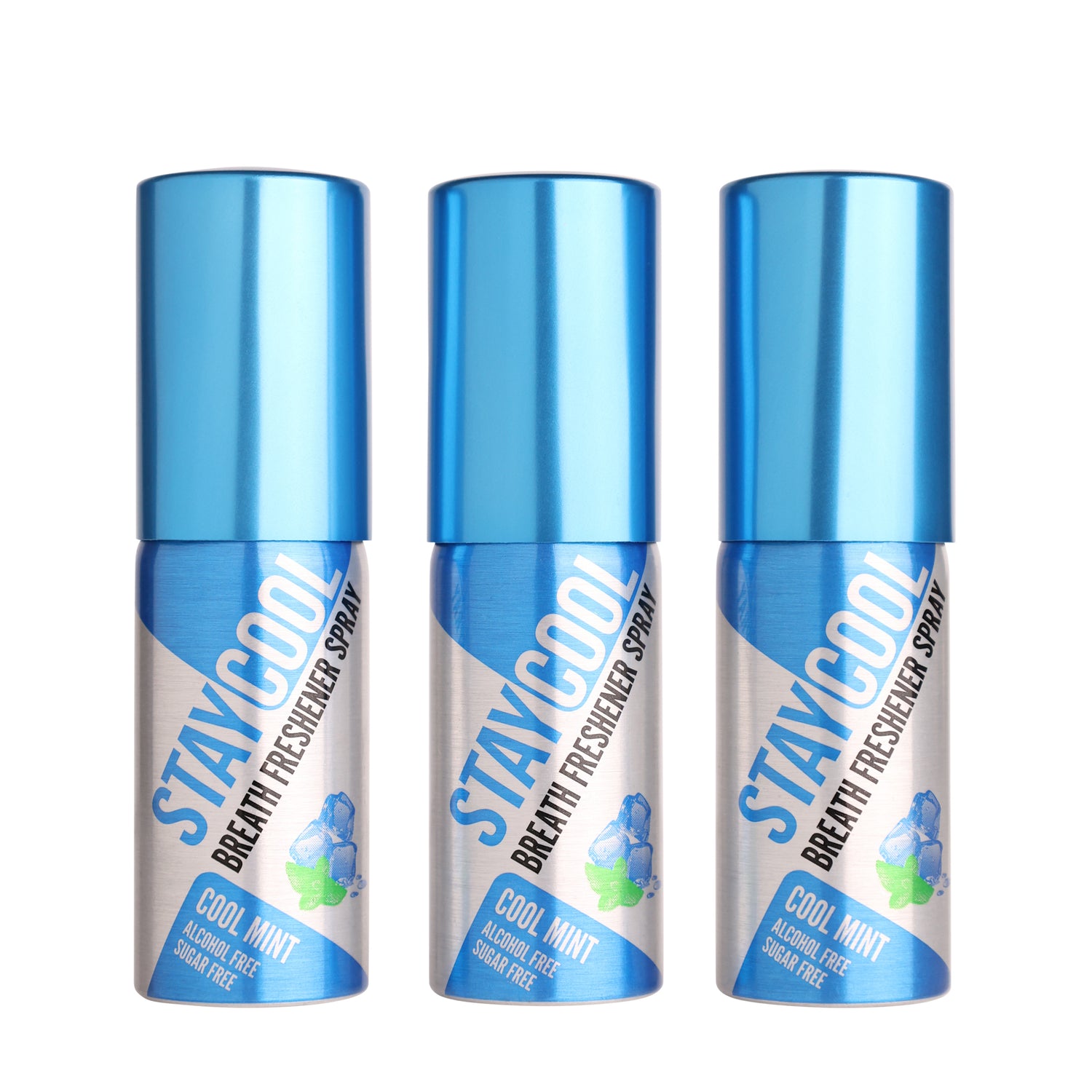 Three bottles of Stay Cool breath freshener cool mint flavor spray on a white background
