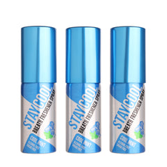 Three bottles of Stay Cool breath freshener cool mint flavor spray on a white background