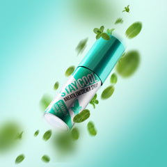 Stay Cool breath freshener spray with mint leaves on a green gradient background