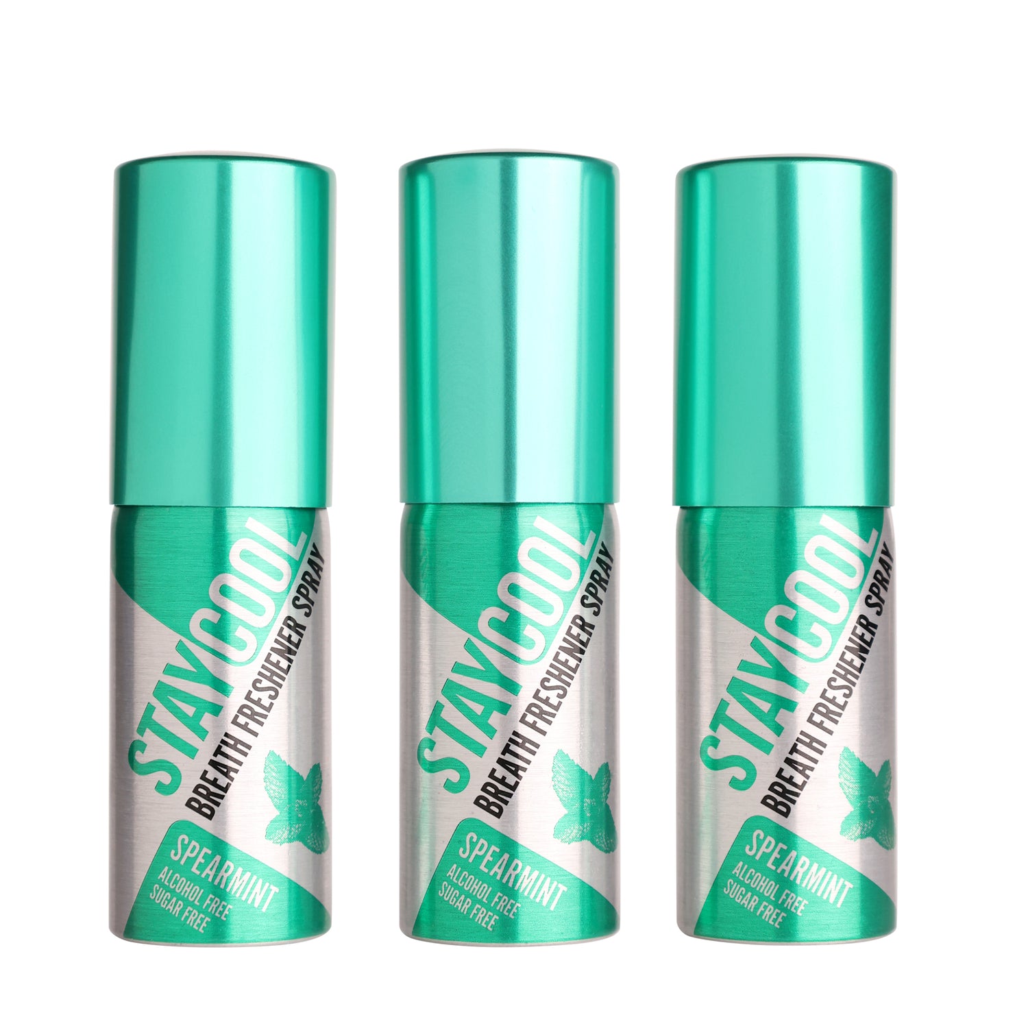 Three bottles of Stay Cool breath freshener spray with teal and silver design on a white background