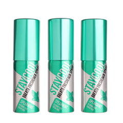 Three bottles of Stay Cool breath freshener spray with teal and silver design on a white background