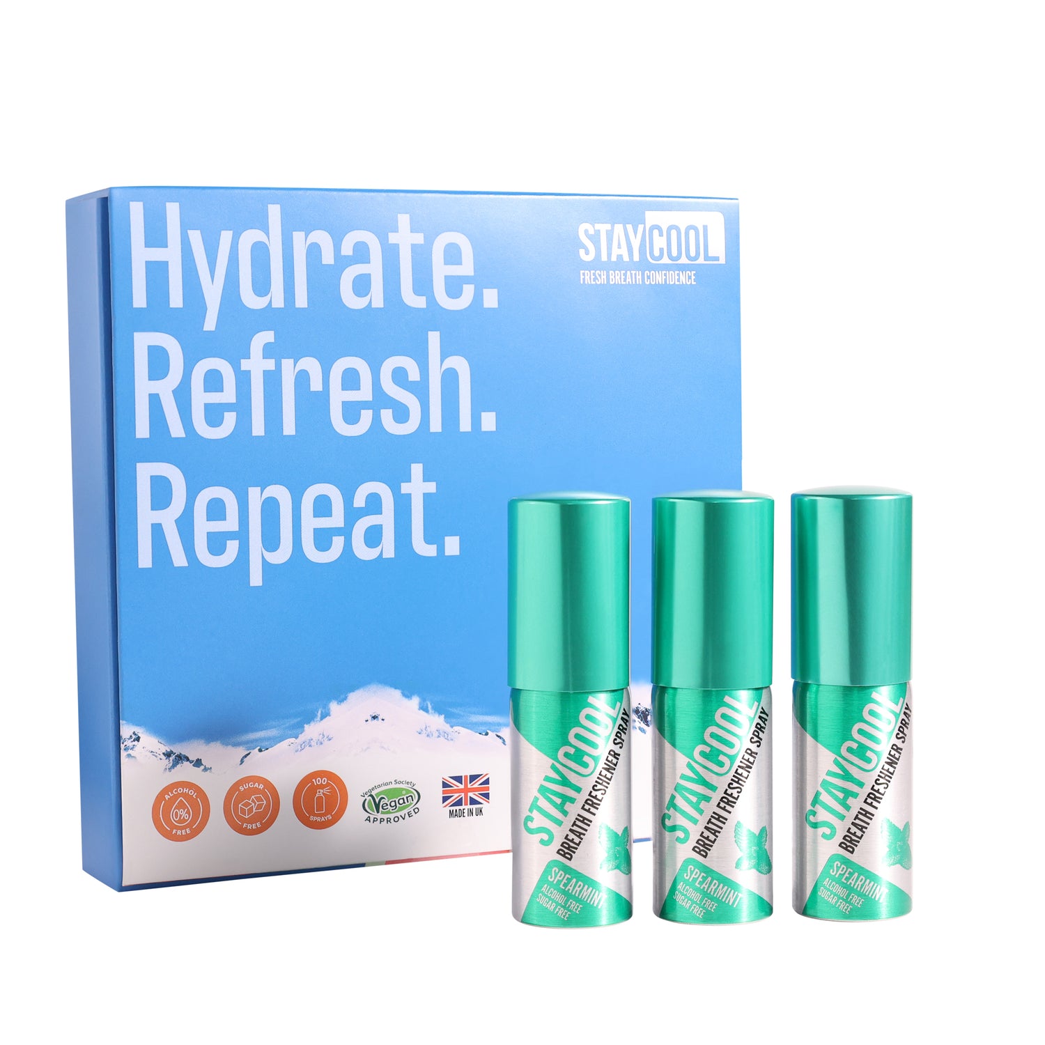 Stay Cool breath freshener spray Spearmint flavor bottles with packaging on a white background