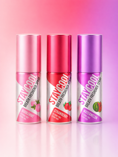 Three Stay Cool breath freshener spray cans on a colorful gradient background