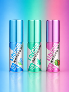 Three breath freshener sprays with different flavors on a gradient background